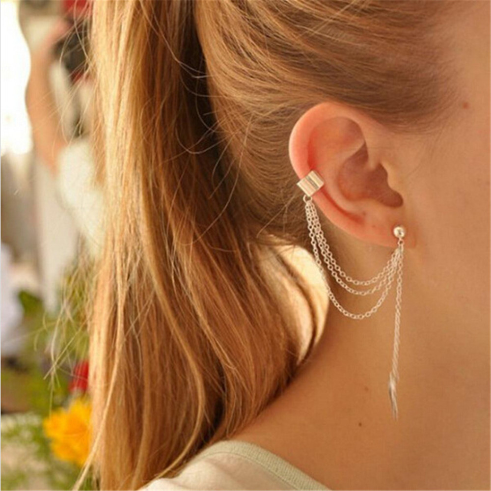 New Fashion Personality Metal Tassel Ear Clip Leaf Tassel Multi-layer Earrings Women Jewelry