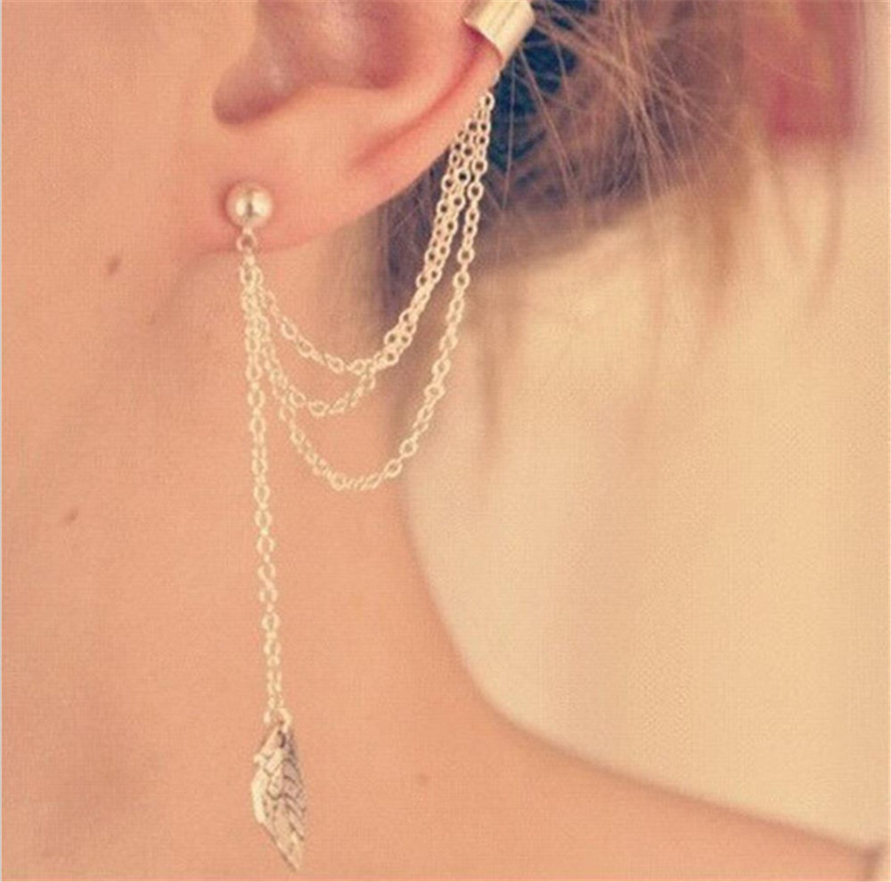 New Fashion Personality Metal Tassel Ear Clip Leaf Tassel Multi-layer Earrings Women Jewelry