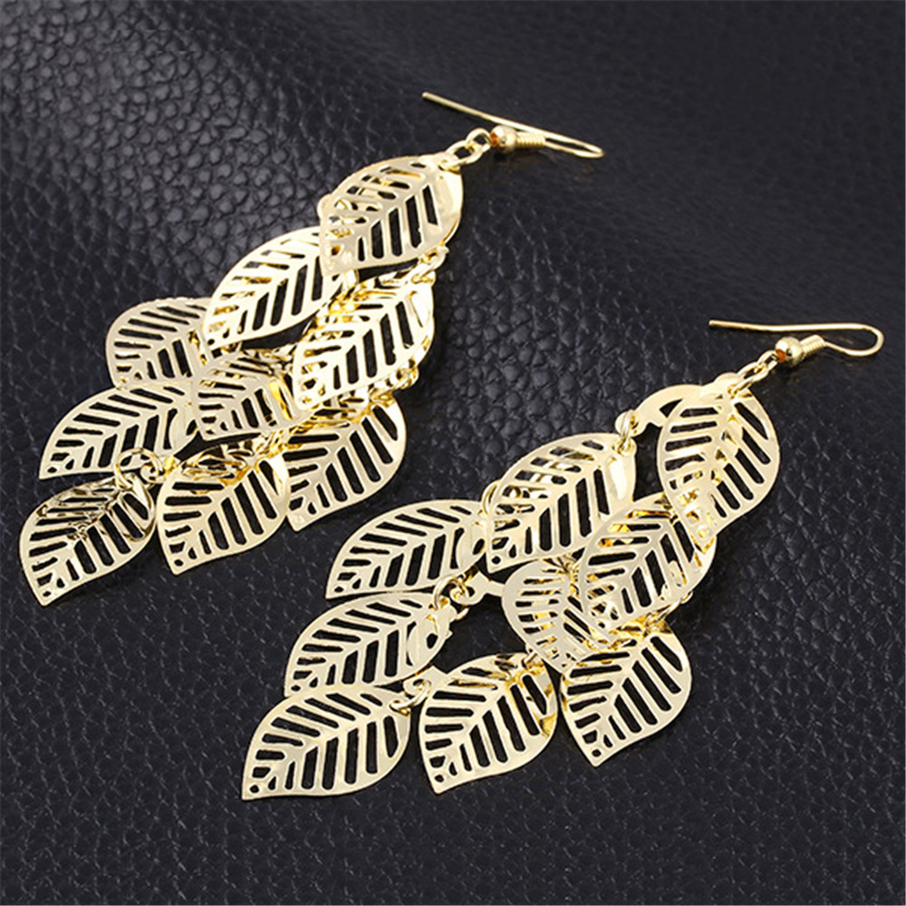 Fashion Gold Hollow Gloss Leaves Drop Earrings Jewelry Tassel Long Earrings for Women