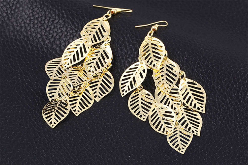 Fashion Gold Hollow Gloss Leaves Drop Earrings Jewelry Tassel Long Earrings for Women