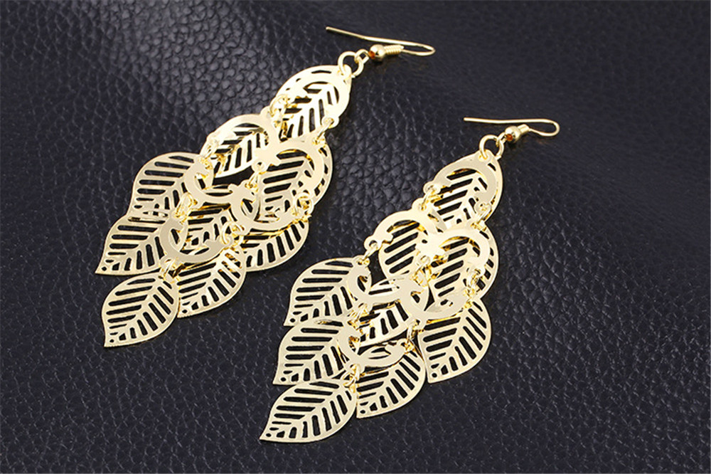 Fashion Gold Hollow Gloss Leaves Drop Earrings Jewelry Tassel Long Earrings for Women