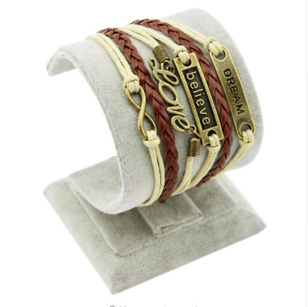 Fashion Vintage Charm Elegant Believe Dream love Infinity Multilayer PU Leather Beige Braid Bracelet