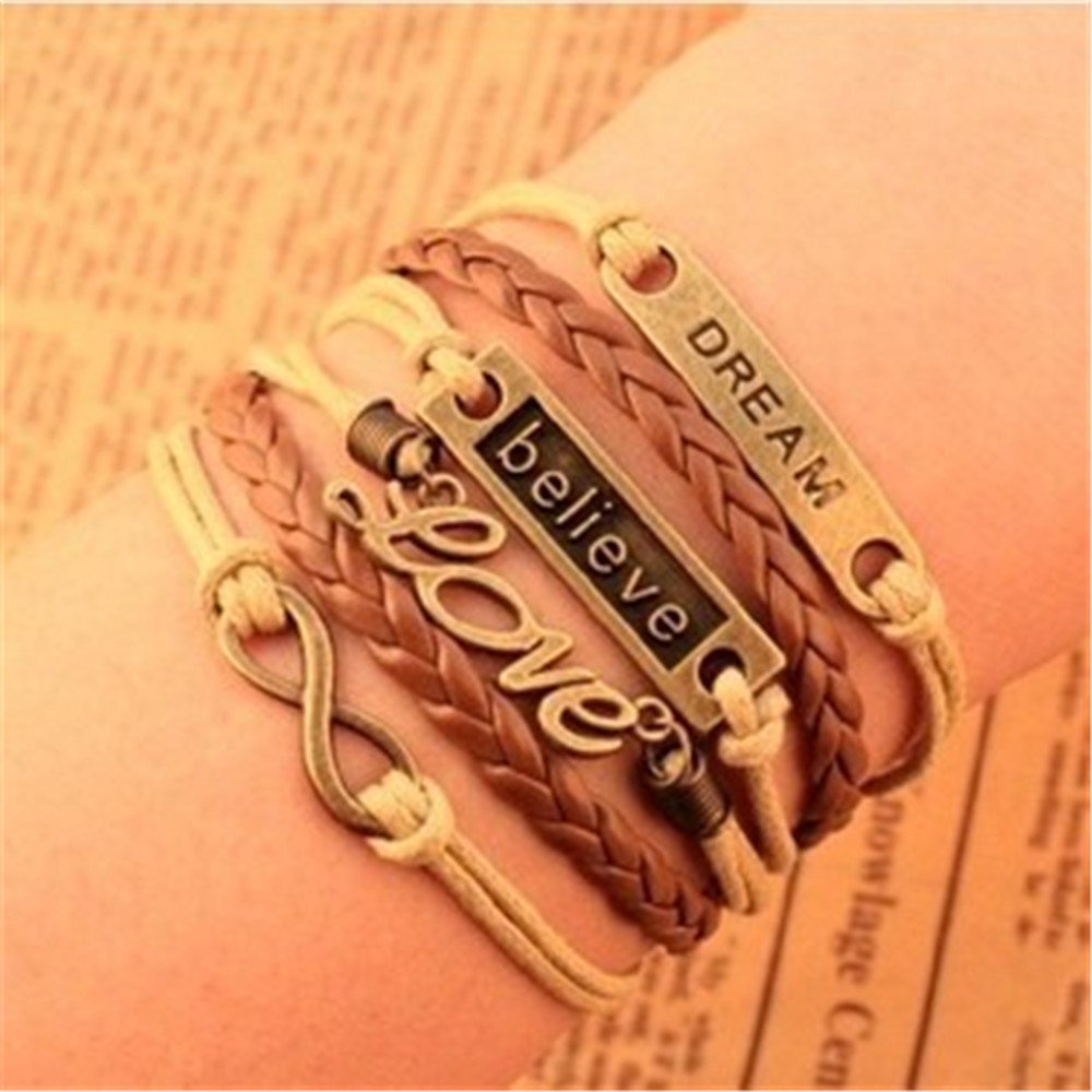 Fashion Vintage Charm Elegant Believe Dream love Infinity Multilayer PU Leather Beige Braid Bracelet