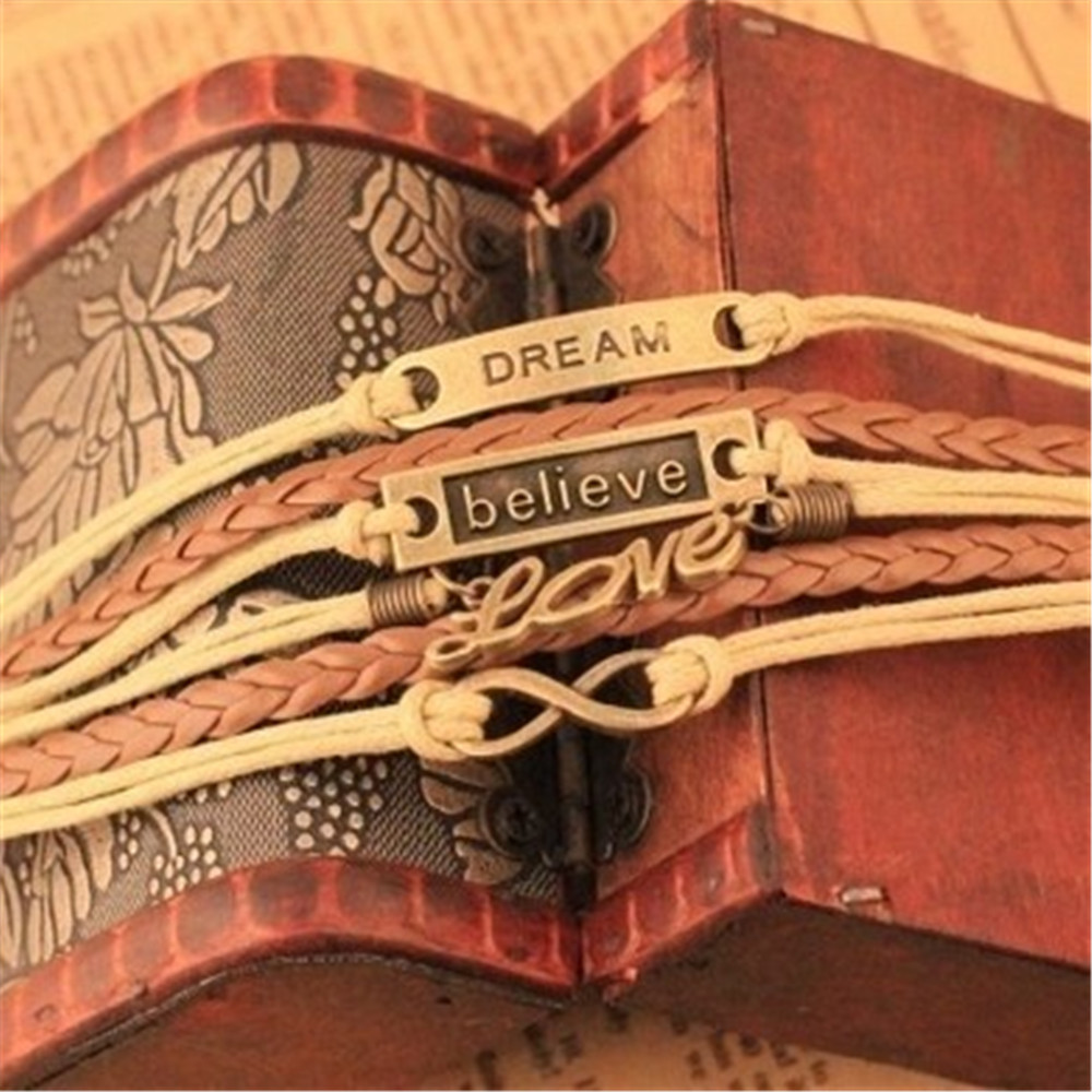 Fashion Vintage Charm Elegant Believe Dream love Infinity Multilayer PU Leather Beige Braid Bracelet
