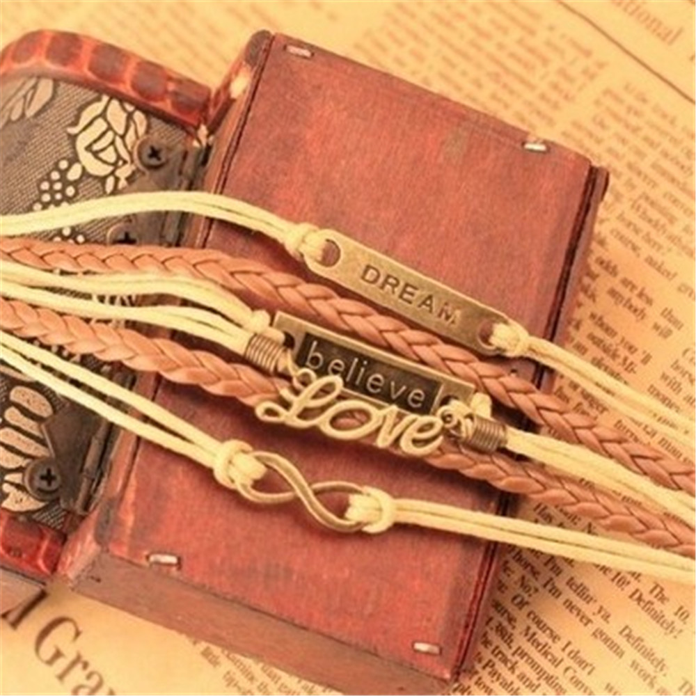 Fashion Vintage Charm Elegant Believe Dream love Infinity Multilayer PU Leather Beige Braid Bracelet