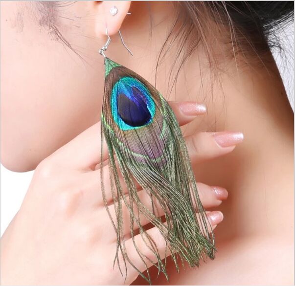New Women Long Peacock Feather Drop Earrings Bijoux Jewelry
