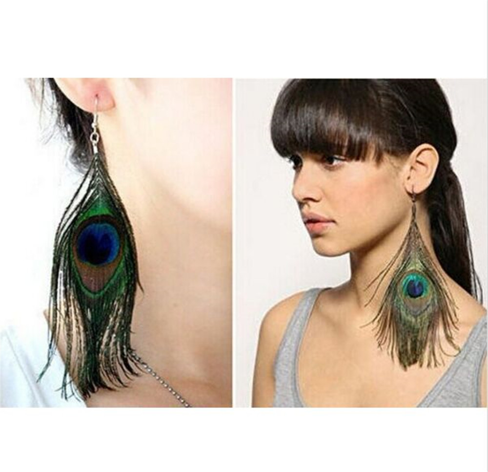New Women Long Peacock Feather Drop Earrings Bijoux Jewelry