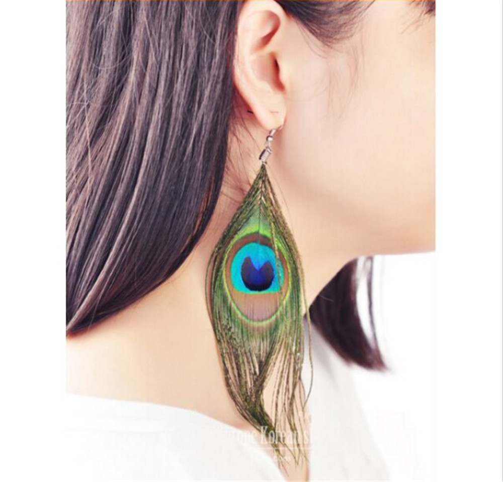 New Women Long Peacock Feather Drop Earrings Bijoux Jewelry