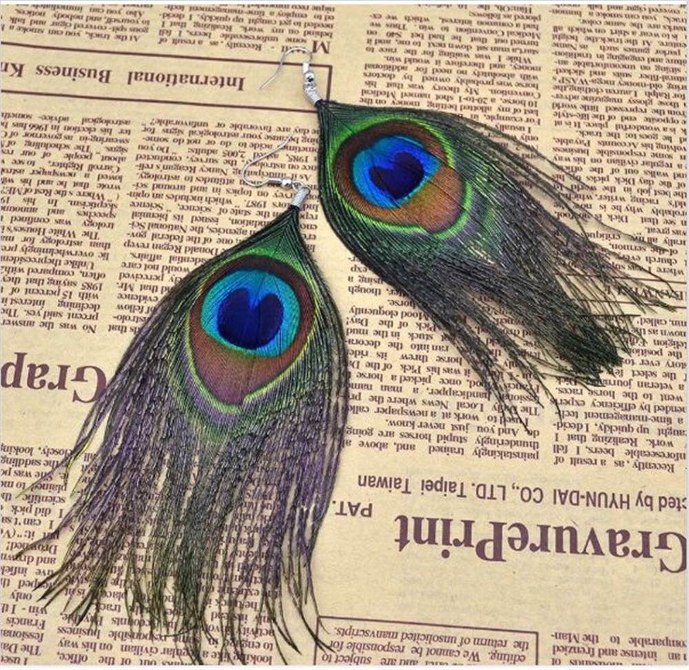 New Women Long Peacock Feather Drop Earrings Bijoux Jewelry