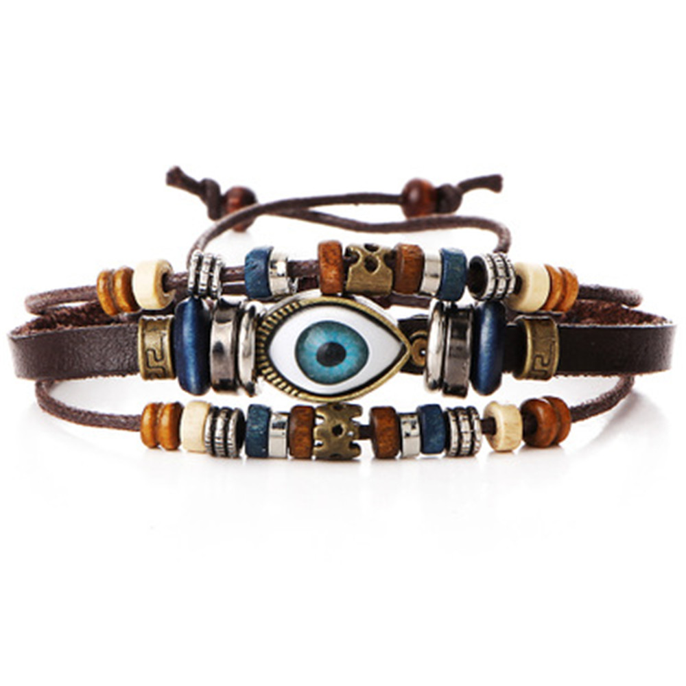 New Adjustable Multilayer Genuine Leather Cuff Bracelet Men Bohemian Vintage Eye Bracelets
