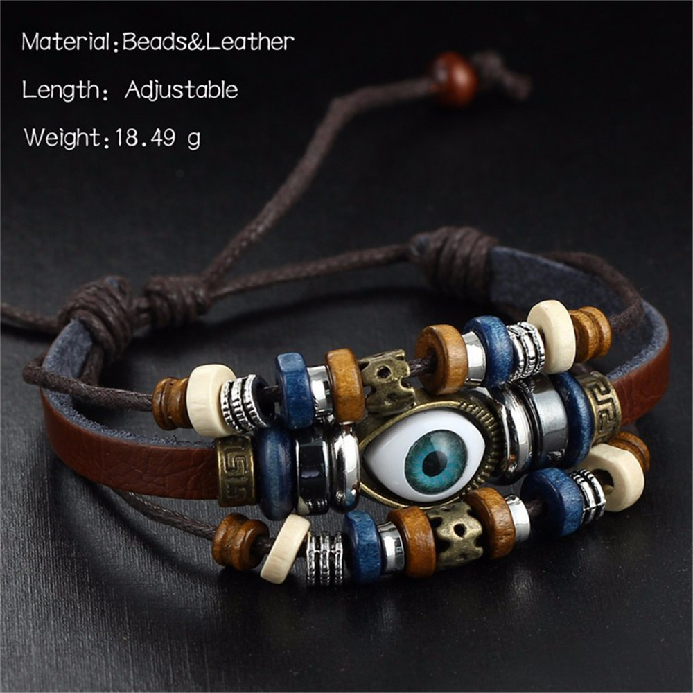 New Adjustable Multilayer Genuine Leather Cuff Bracelet Men Bohemian Vintage Eye Bracelets