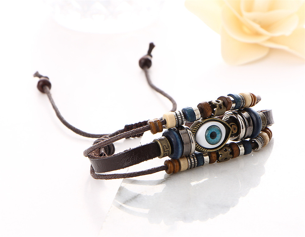 New Adjustable Multilayer Genuine Leather Cuff Bracelet Men Bohemian Vintage Eye Bracelets