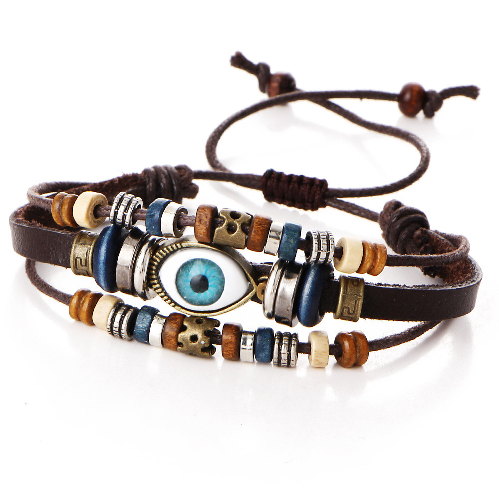 New Adjustable Multilayer Genuine Leather Cuff Bracelet Men Bohemian Vintage Eye Bracelets