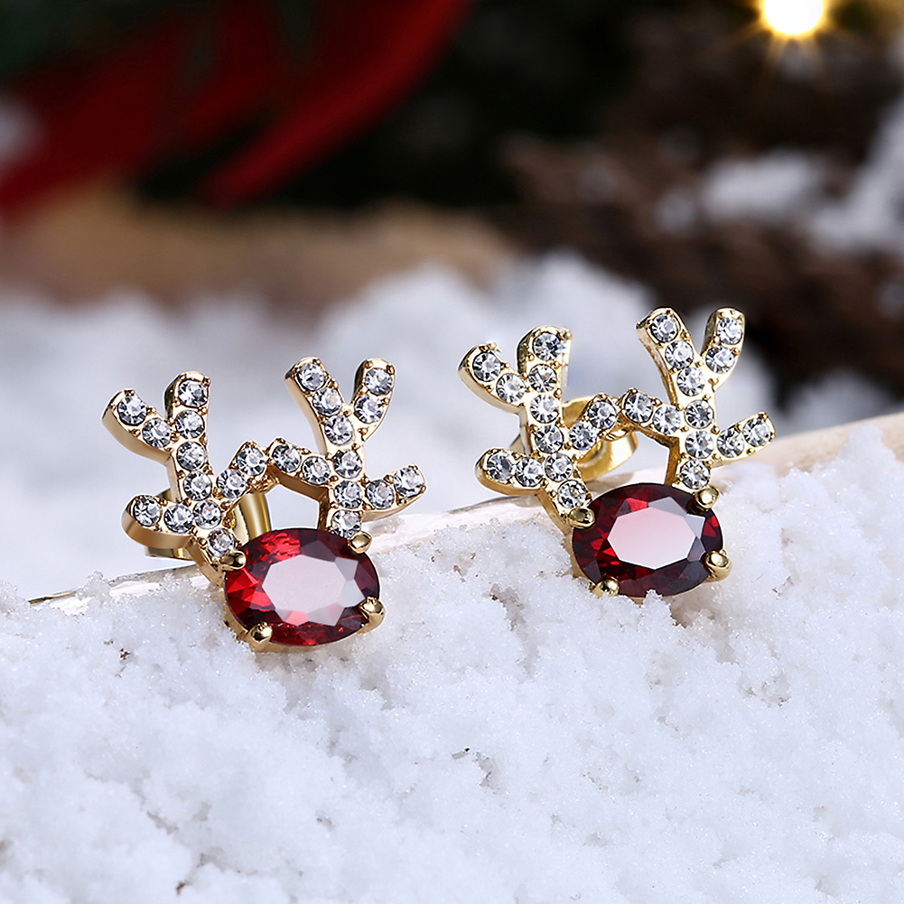 Women Christmas Gift Fashion Cubic Zircon Deer Elk Antlers Stud Earrings Jewelry Accessories