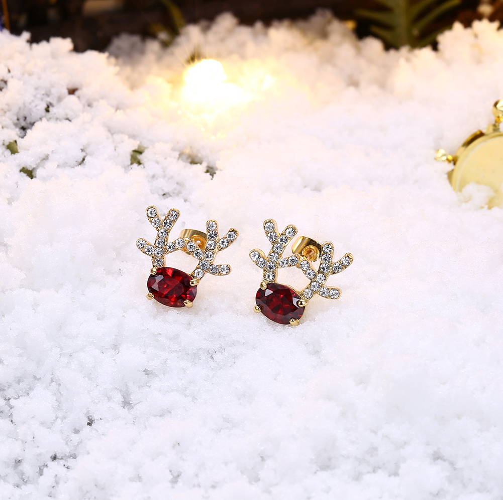Women Christmas Gift Fashion Cubic Zircon Deer Elk Antlers Stud Earrings Jewelry Accessories