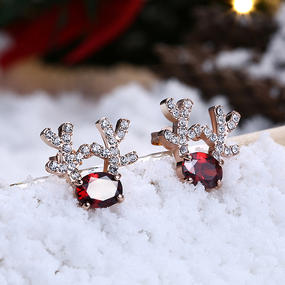 Women Christmas Gift Fashion Cubic Zircon Deer Elk Antlers Stud Earrings Jewelry Accessories