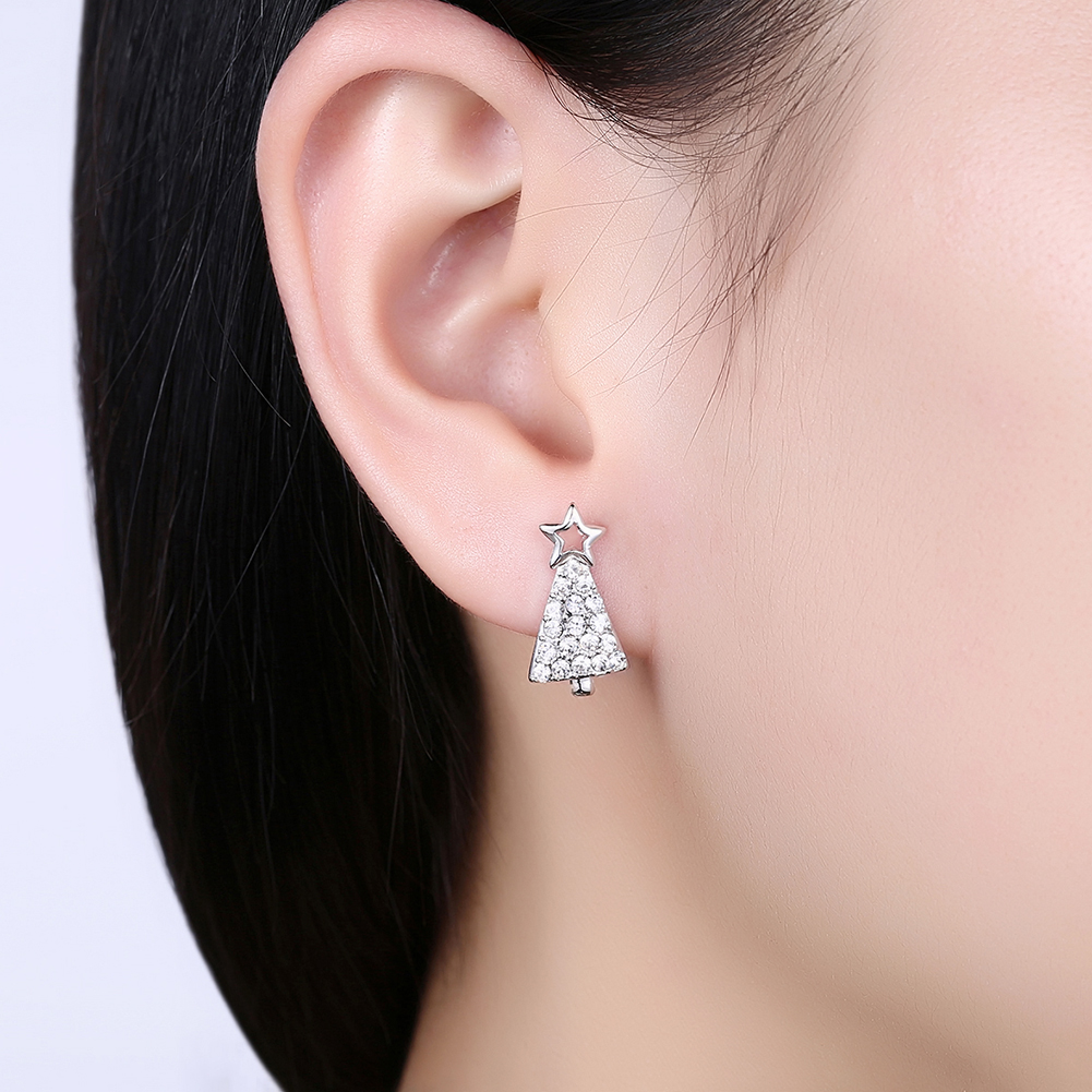 New Cute Christmas Tree Shape Christmas Gifts White Zircon Earring Jewelry