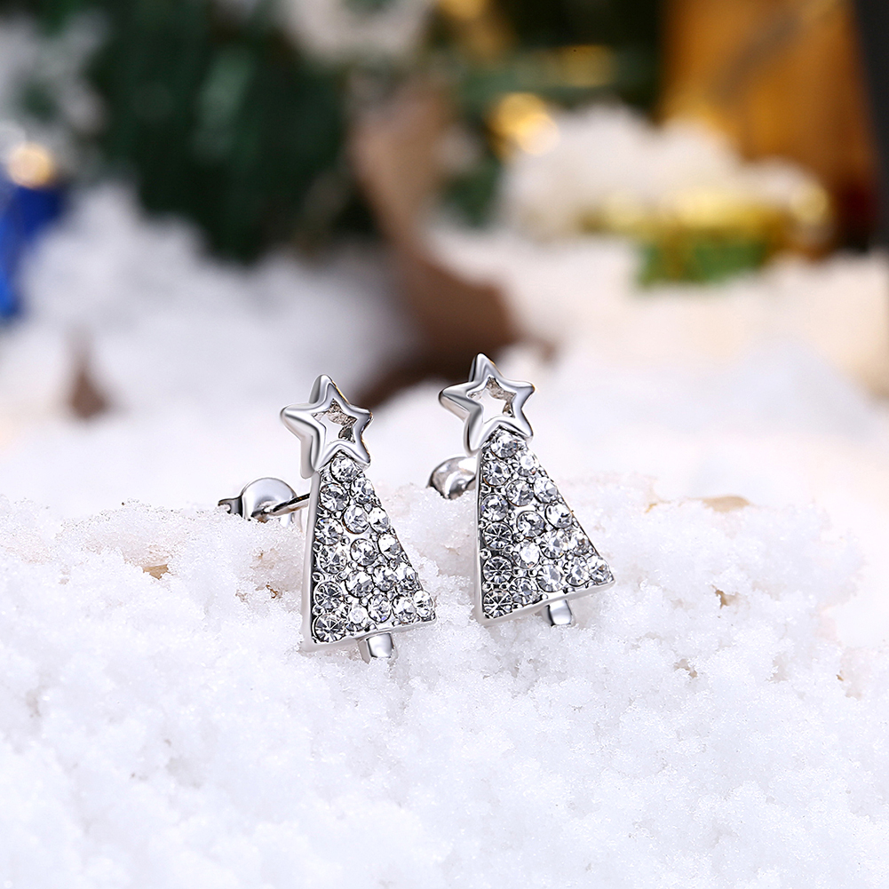 New Cute Christmas Tree Shape Christmas Gifts White Zircon Earring Jewelry