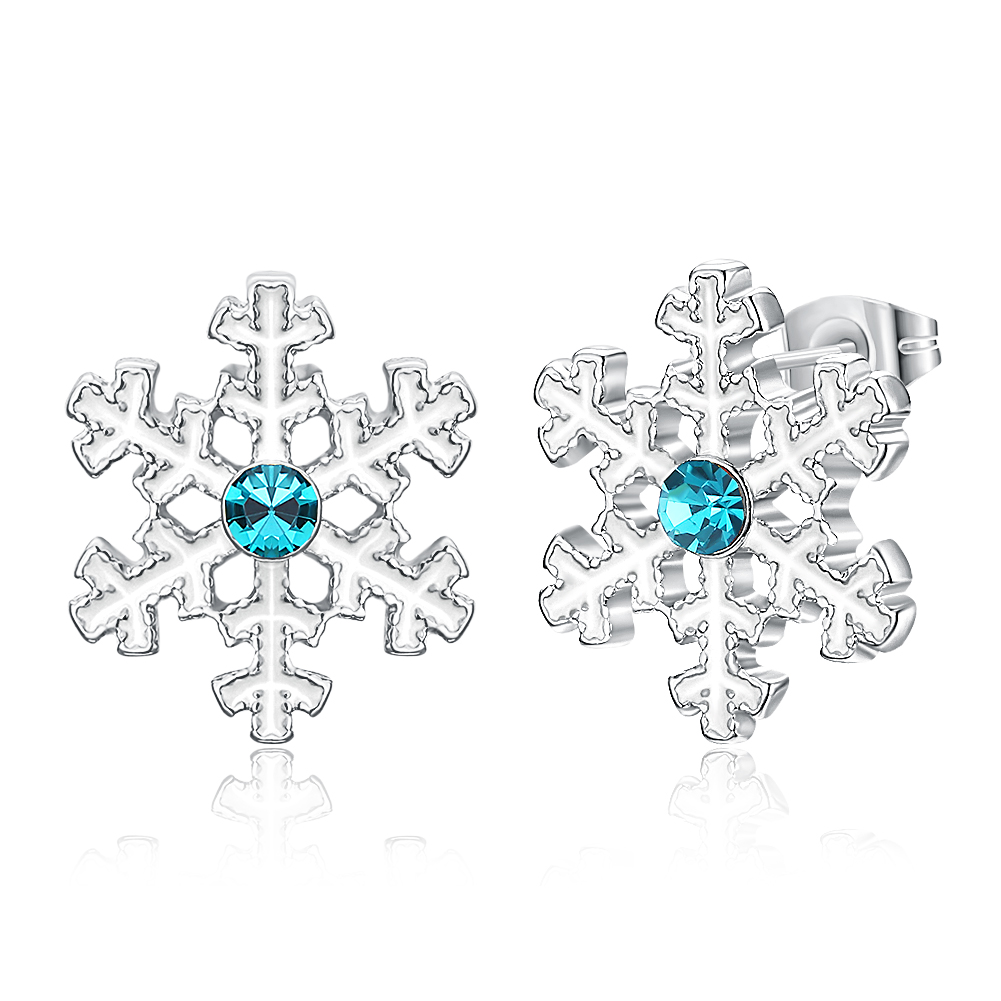 Christmas Snow Flake Women Stud Earrings Blue Zircon Classic Fairy Tale Girls Jewelry Gifts