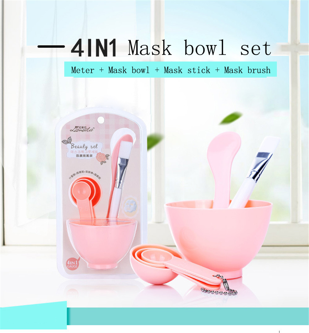 4 in 1 Women Face Skin Care Mask Mixing Bowl Stick Brush Pink Cosmetic Tool Set