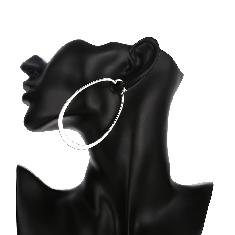 Europe Style Celebrity Exaggerated Womens Silver Stainless Steel Flat Big Hoop Circle Earrings