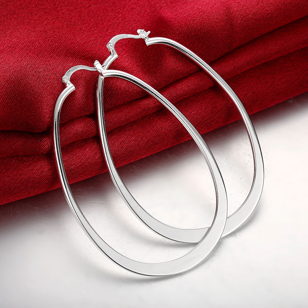 Europe Style Celebrity Exaggerated Womens Silver Stainless Steel Flat Big Hoop Circle Earrings