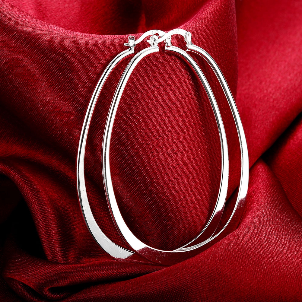 Europe Style Celebrity Exaggerated Womens Silver Stainless Steel Flat Big Hoop Circle Earrings