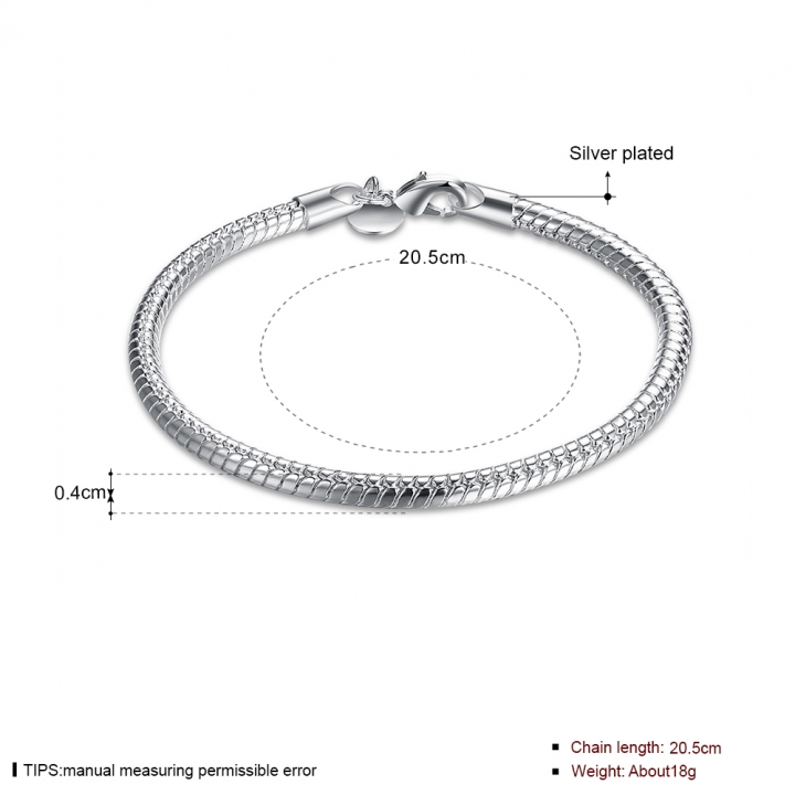 4MM Snake Bone Chain Bracelet &amp; Bangle Clip Snake Chain Bracelet Silver Plated Chain Jewelry