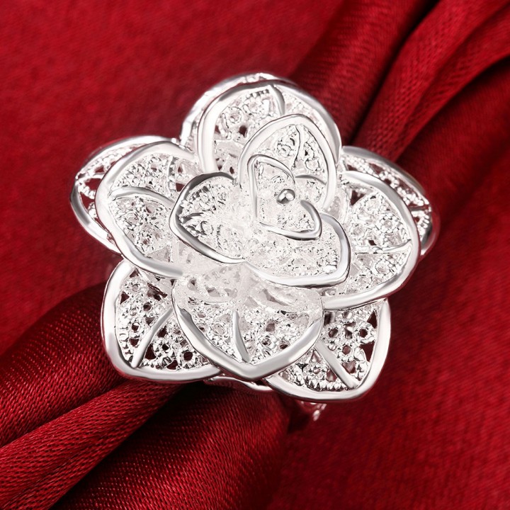 Fashion Personality Simple Elegant Silver Hollow Rose Silver Jewelry Ring Women Lady Gift Wedding