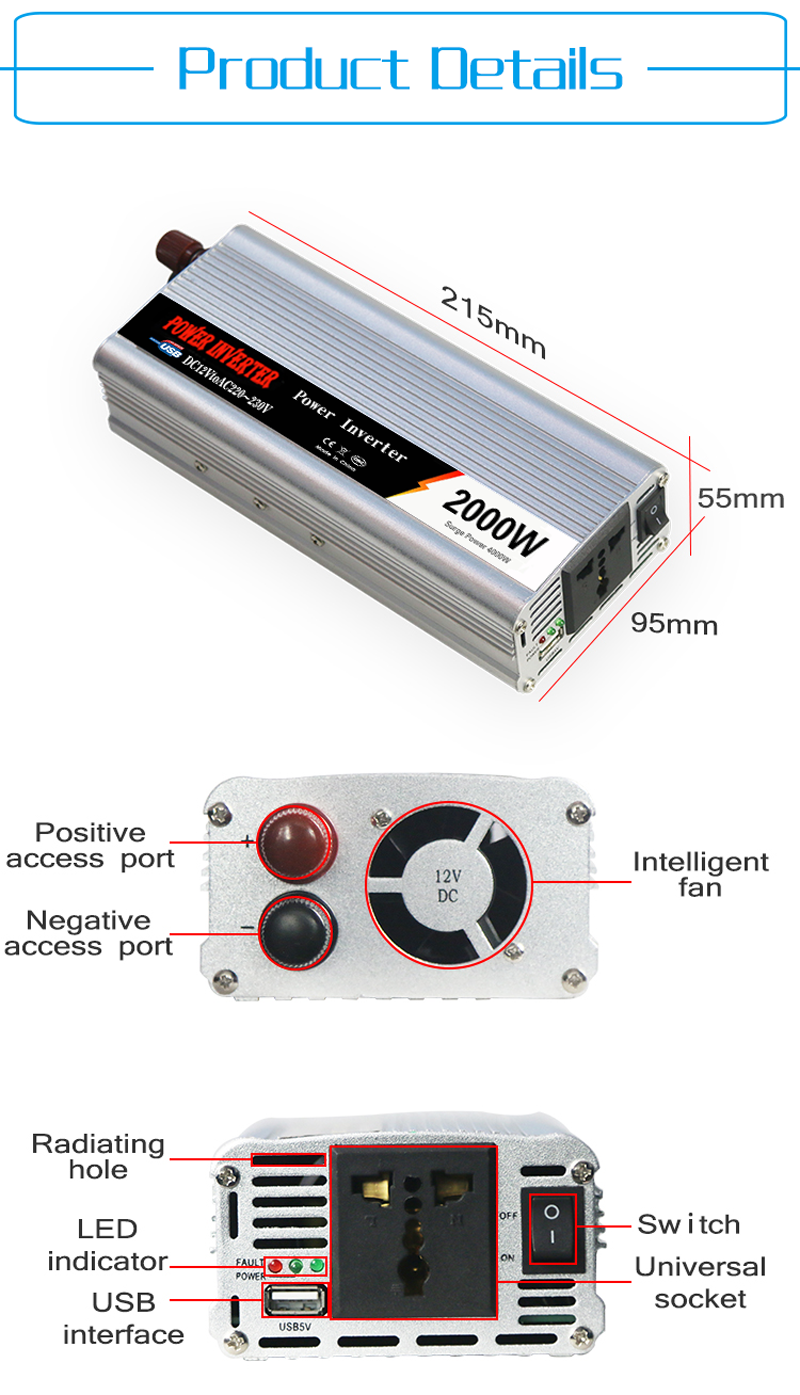 ouchuangbo 2000W DC 12V to AC 220V portable car power inverter charger converter adapter