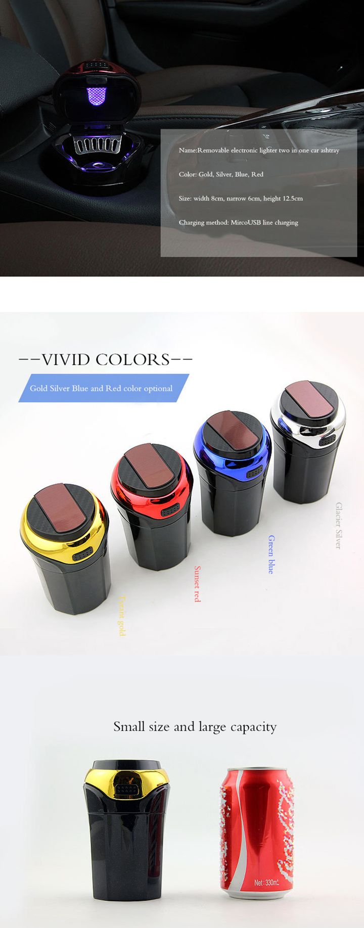 ouchuangbo Car stainless steel ashtray with LED removable cigarette lighter USB battery charging