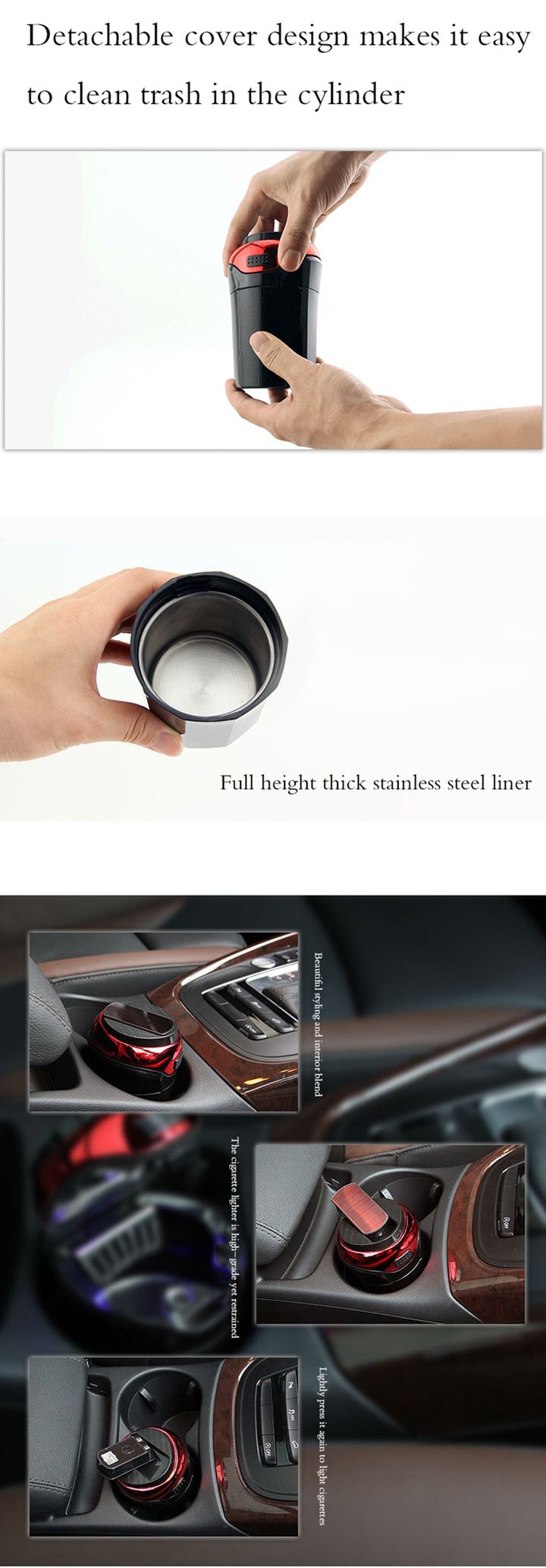 ouchuangbo Car stainless steel ashtray with LED removable cigarette lighter USB battery charging