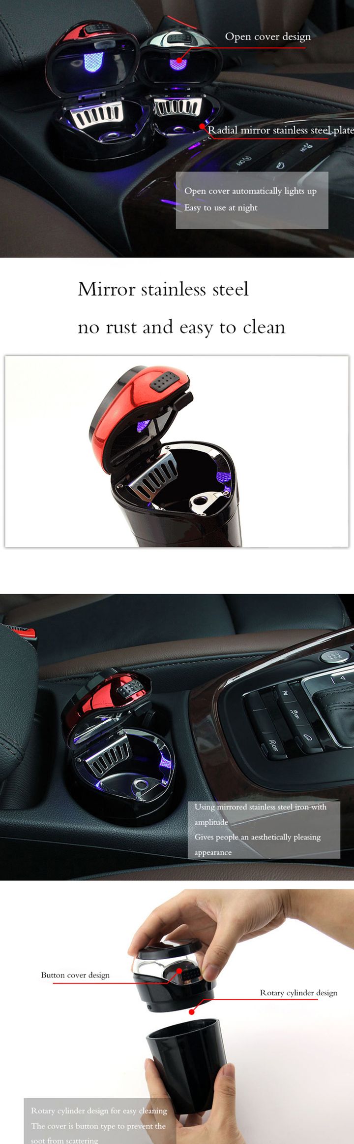 ouchuangbo Car stainless steel ashtray with LED removable cigarette lighter USB battery charging