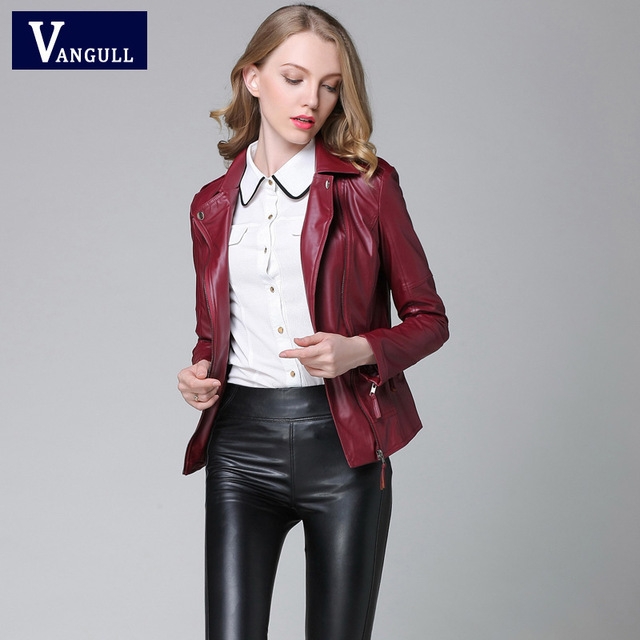 Elegant Spring Autumn Leather Jacket New Women S Short Black Red Pu Coat Wine Xl