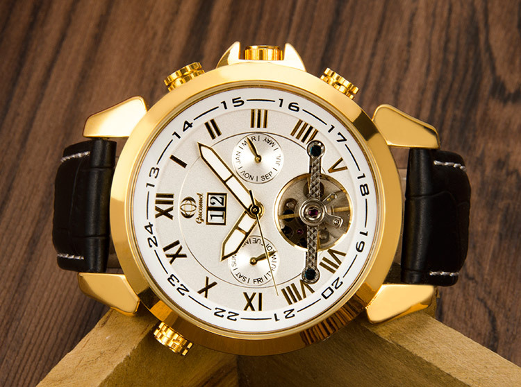 Fully Automatic Mechanical Watch Tourbillon Double Calendar Watch Men Fashion High End Belt Watch