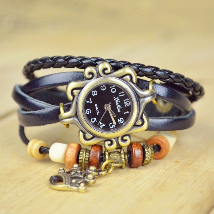 Retro Watch  leather Watch Goddess of the crown Manual Weave Fashion Ms Bracelet