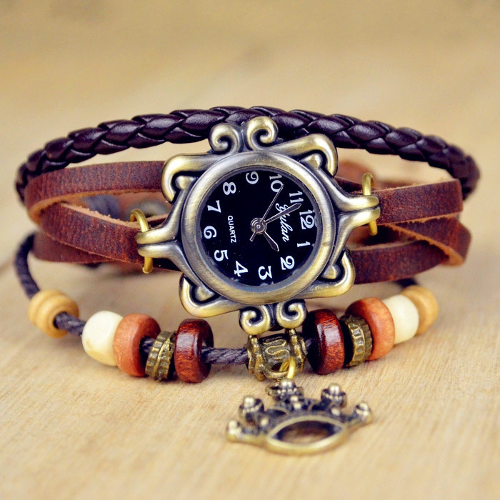 Retro Watch  leather Watch Goddess of the crown Manual Weave Fashion Ms Bracelet