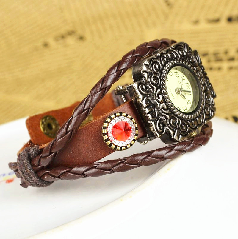 Cowhide Retro Watch  Diamond Watch  Ancient silver Square head fashion Retro Watch