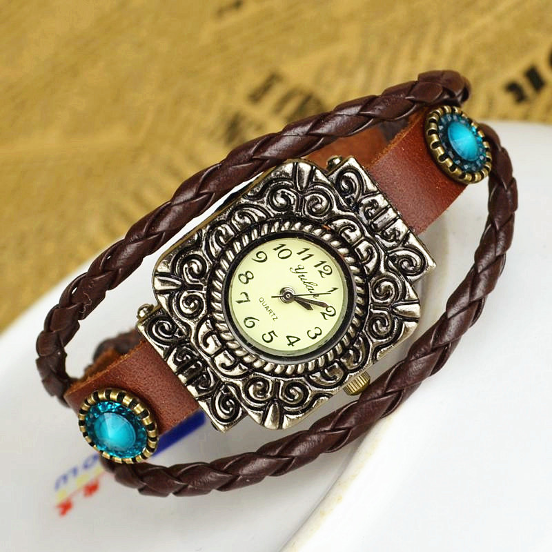 Cowhide Retro Watch  Diamond Watch  Ancient silver Square head fashion Retro Watch
