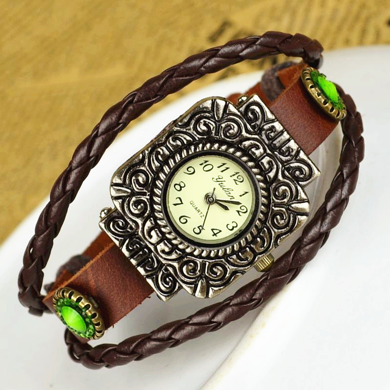 Cowhide Retro Watch  Diamond Watch  Ancient silver Square head fashion Retro Watch