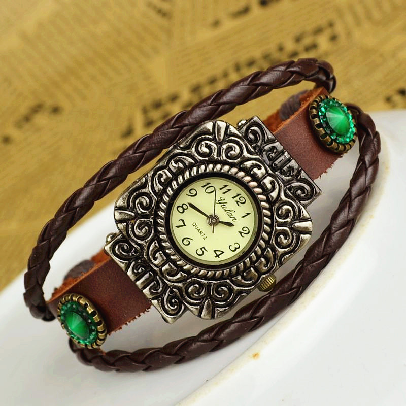 Cowhide Retro Watch  Diamond Watch  Ancient silver Square head fashion Retro Watch