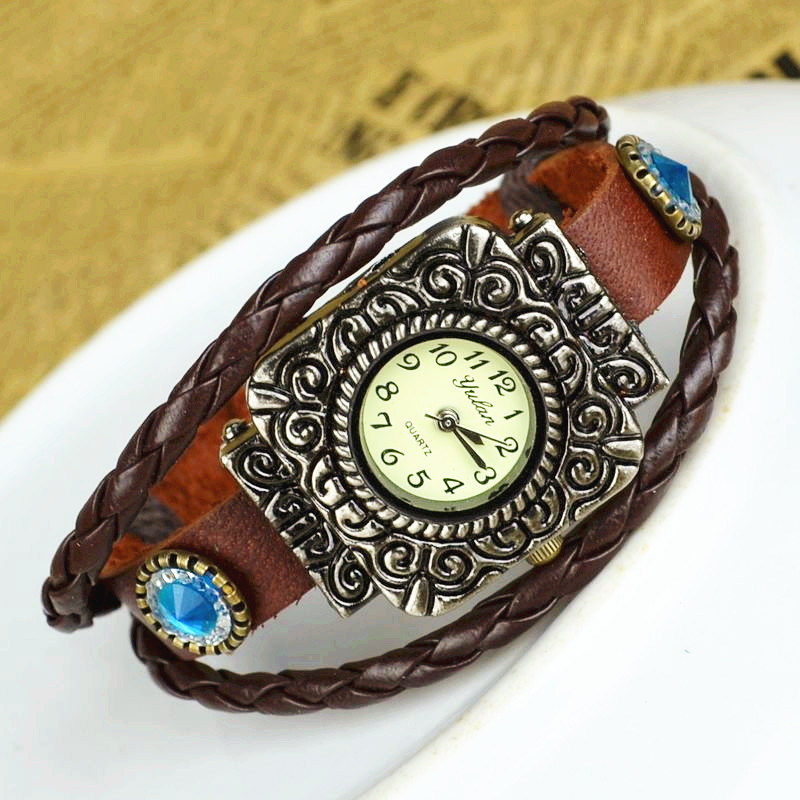 Cowhide Retro Watch  Diamond Watch  Ancient silver Square head fashion Retro Watch