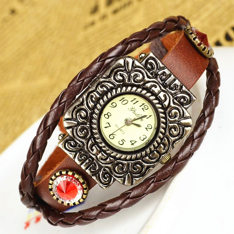 Cowhide Retro Watch  Diamond Watch  Ancient silver Square head fashion Retro Watch