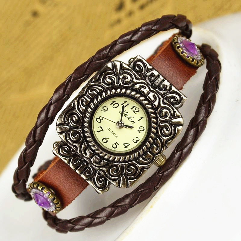 Cowhide Retro Watch  Diamond Watch  Ancient silver Square head fashion Retro Watch