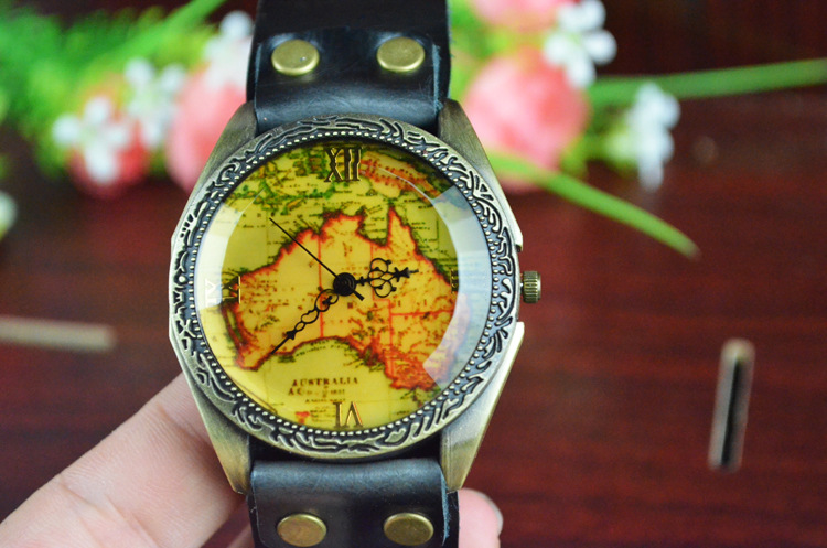Western style Watch Genuine Leather Retro map Watch  men and women fashion Watch