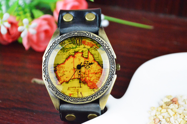 Western style Watch Genuine Leather Retro map Watch  men and women fashion Watch