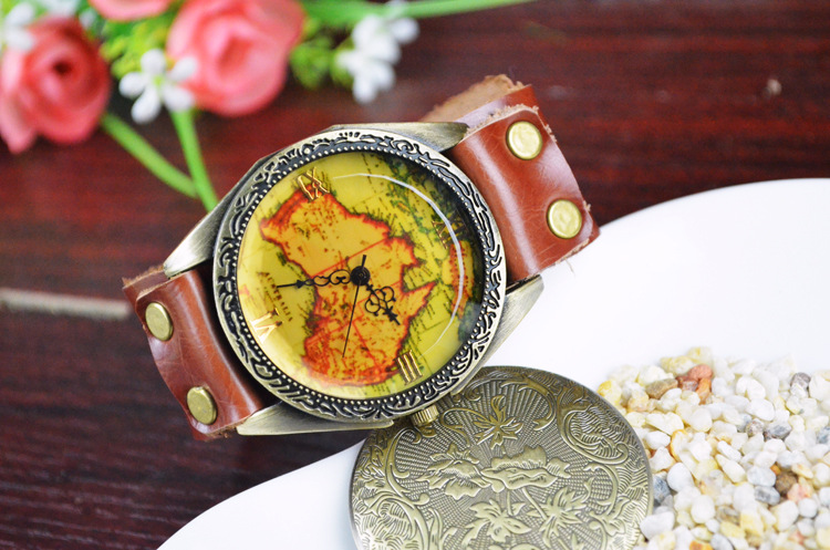 Western style Watch Genuine Leather Retro map Watch  men and women fashion Watch