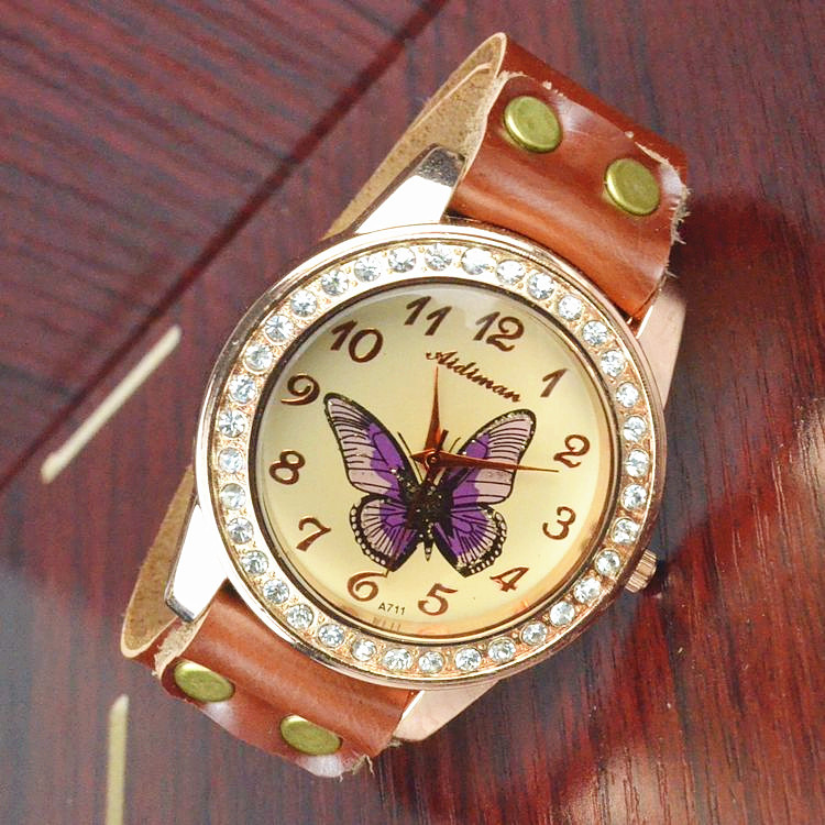 Fashion Ms Genuine Leather butterfly accessories Watch  Retro Nostalgia style Watch