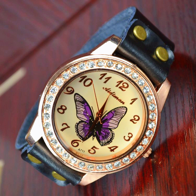 Fashion Ms Genuine Leather butterfly accessories Watch  Retro Nostalgia style Watch