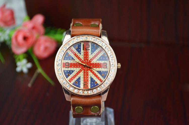 Fashion table Leisure Genuine Leather Drill table Retro Watch  England Rice word Flag Watch